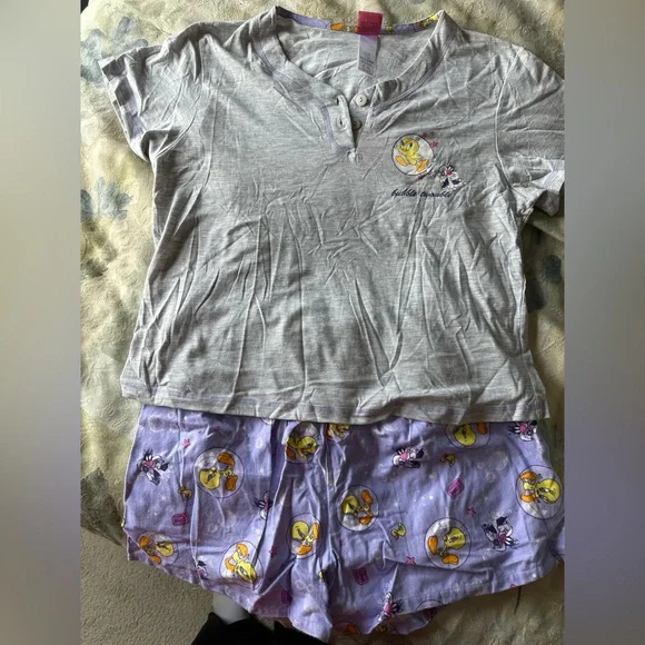 NWT! Warner Bros Tweety Sylvester Knit Pajama Set Large Short Sleeve Gray Purple - Picture 1 of 3